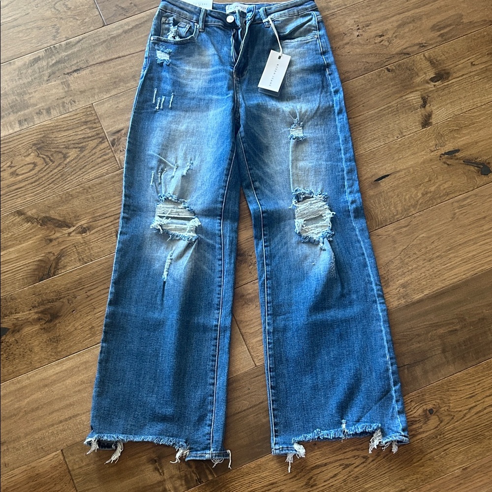Stylish Distressed Wide Leg Jeans in Blue